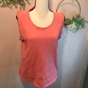 Talbots Coral Sleeveless Crewneck Eyelet Detail Shirt